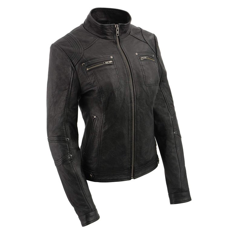 Milwaukee Leather SFL2801 Womens Racer Black Stand Up Collar Motorcycle Fashion Leather Jacket  Medium